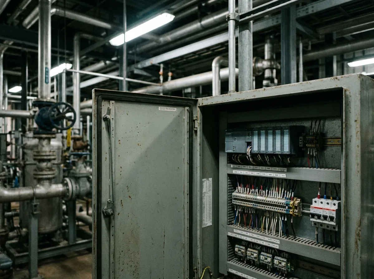 An open control cabinet with a PLC rack and terminal blocks, in a plant full of pipework