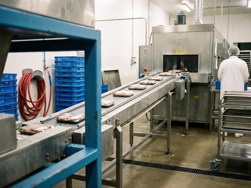 A stainless conveyor running toward a dryer on a food processing line
