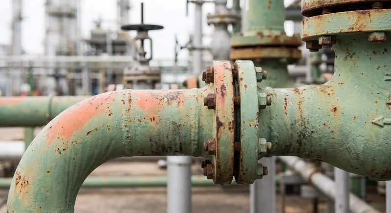 Weathered process pipework and valves at a refinery