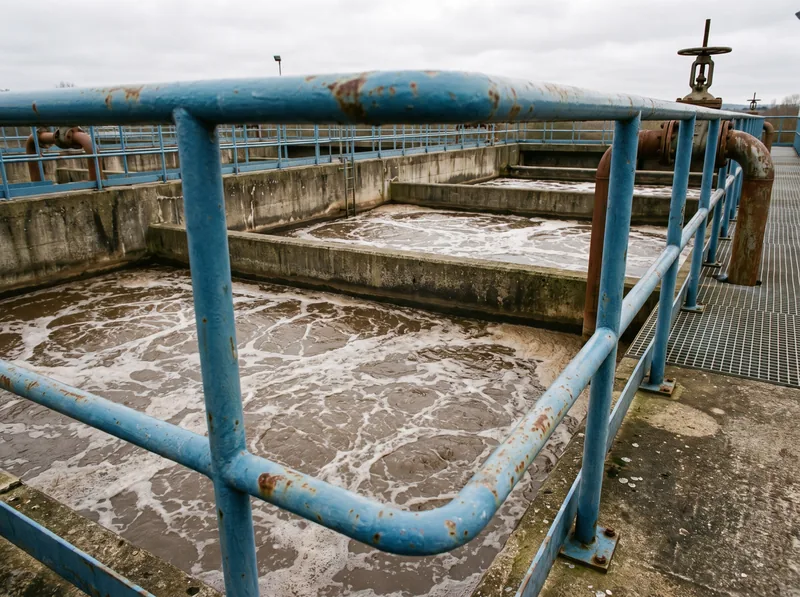 Aeration basins at a water treatment plant behind blue railings